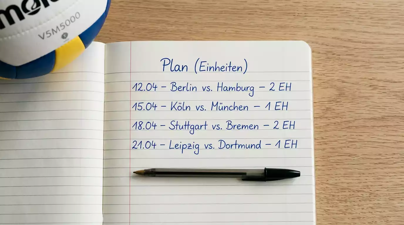 Notizbuch mit Einsatzplan und Volleyball-Wettstatistik