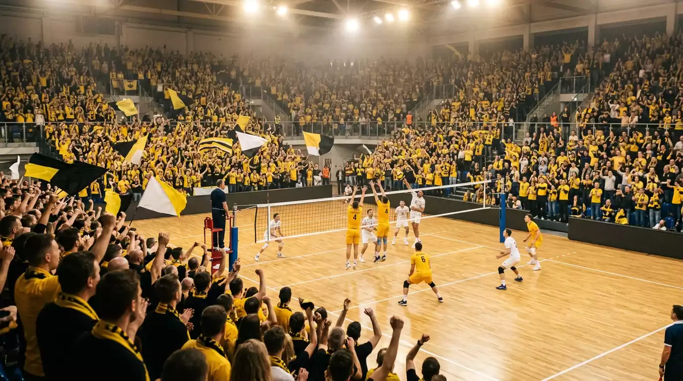 Max-Schmeling-Halle Berlin mit BR-Volleys-Fans und Wettquoten-Overlay