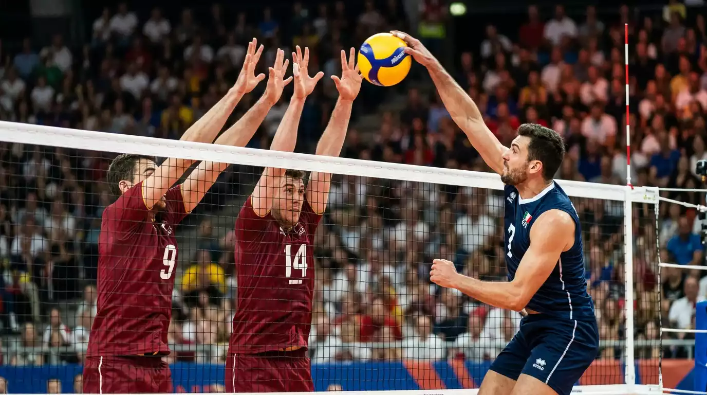 Vereins-Volleyball-Match mit Libero in Annahme-Position