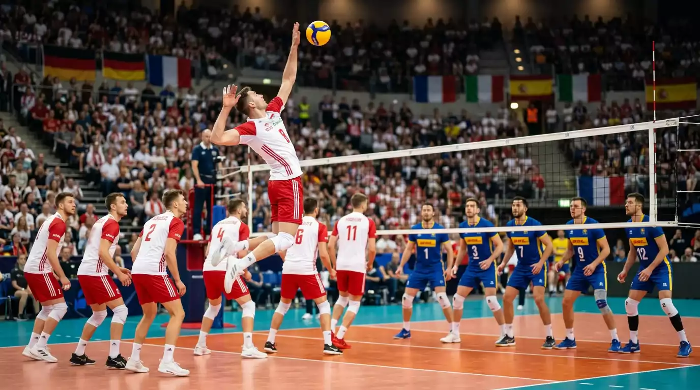 Nationalspieler im Sprungaufschlag bei einem Europameisterschafts-Match