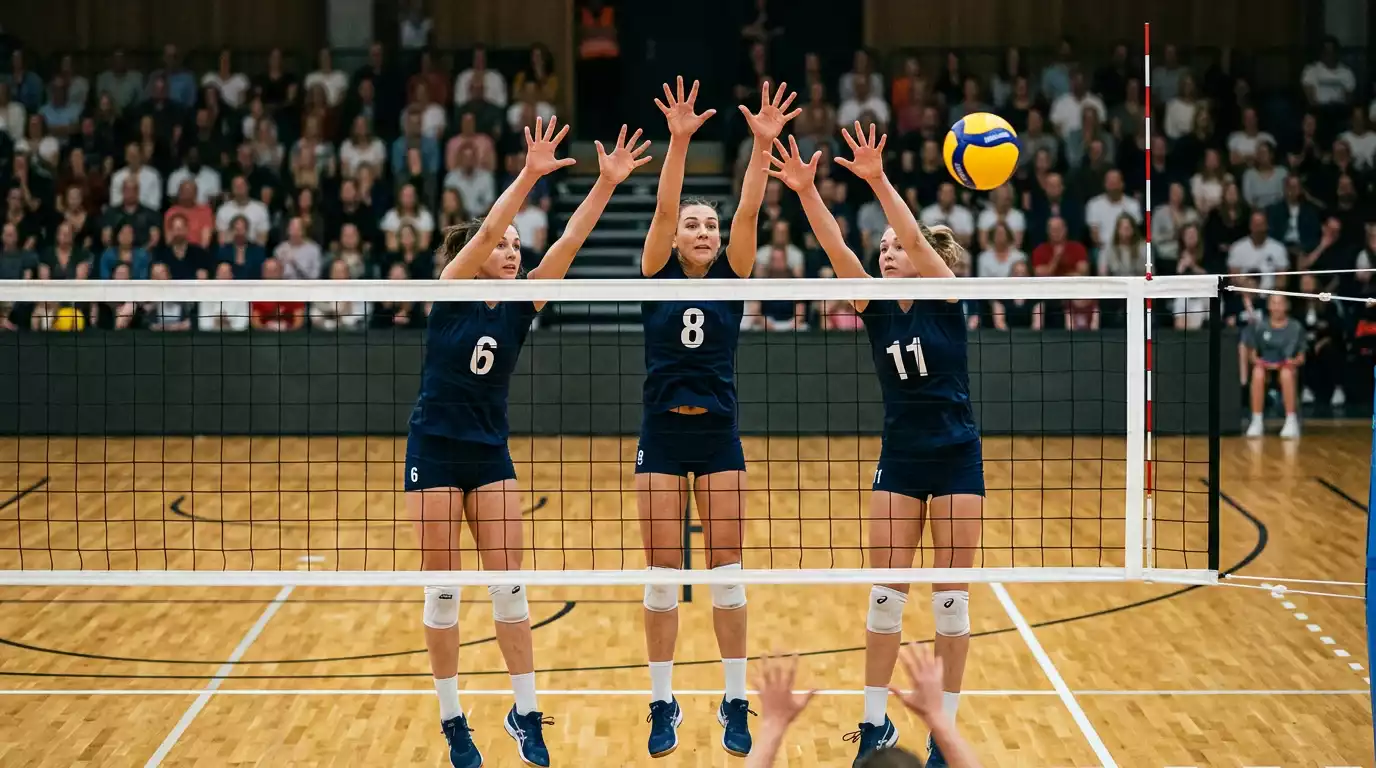 Weibliches Volleyball-Team bildet Dreifachblock am Netz