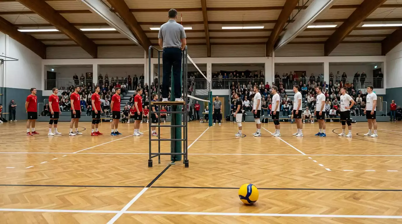 Anzeigetafel eines ersten Volleyball-Satzes mit Wettschein