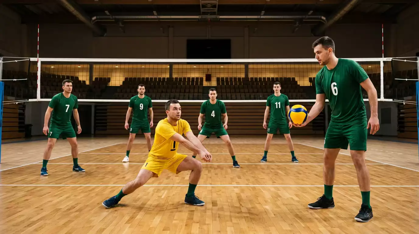 Volleyball-Team in geordneter Grundaufstellung auf dem Spielfeld