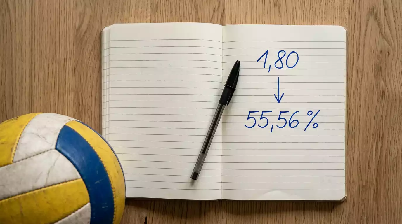 Notizbuch mit handschriftlicher Volleyball-Quote und prozentualer Wahrscheinlichkeit