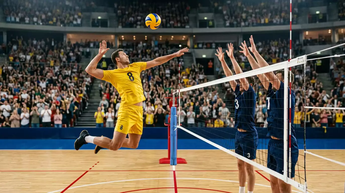 Diagonalangreifer im Sprungschmetterschlag bei einem internationalen Volleyball-Turnier