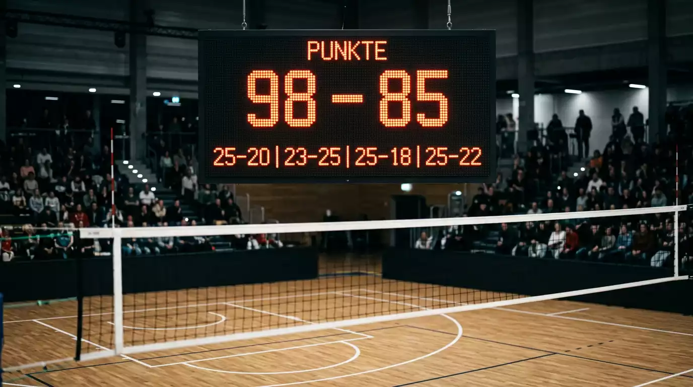 Anzeigetafel mit Gesamtpunkten eines Volleyball-Matches und Wettlinien