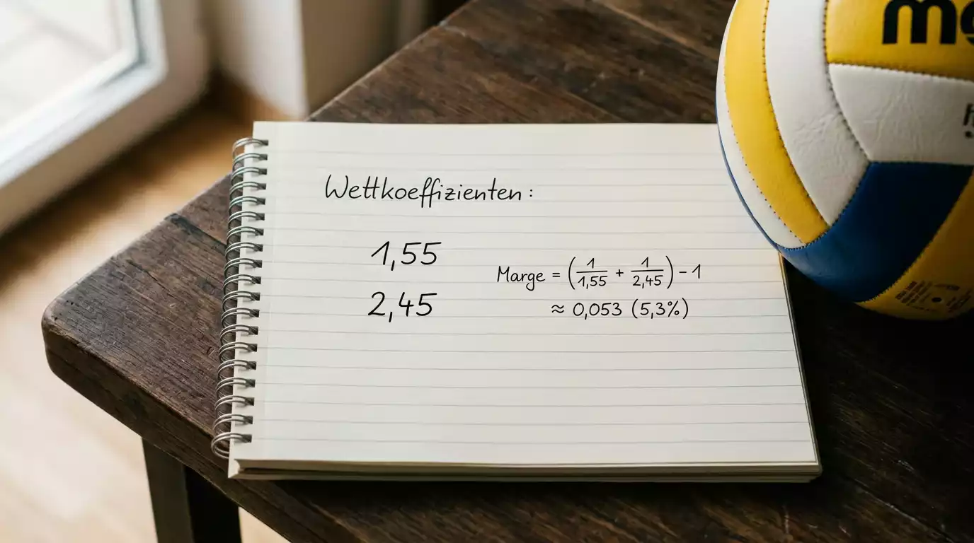 Notizblatt mit handschriftlichen Volleyball-Quoten und Margin-Formel neben einem Volleyball