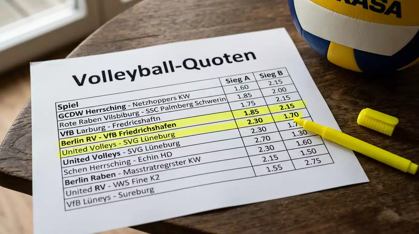Ausgedrucktes Blatt mit Volleyball-Quoten und markierten Value-Einträgen neben einem Volleyball