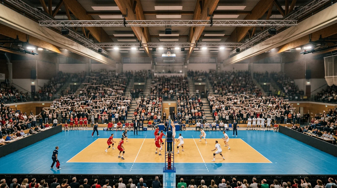 Volleyball-Bundesliga-Spiel in einer deutschen Halle mit Publikum auf den Rängen