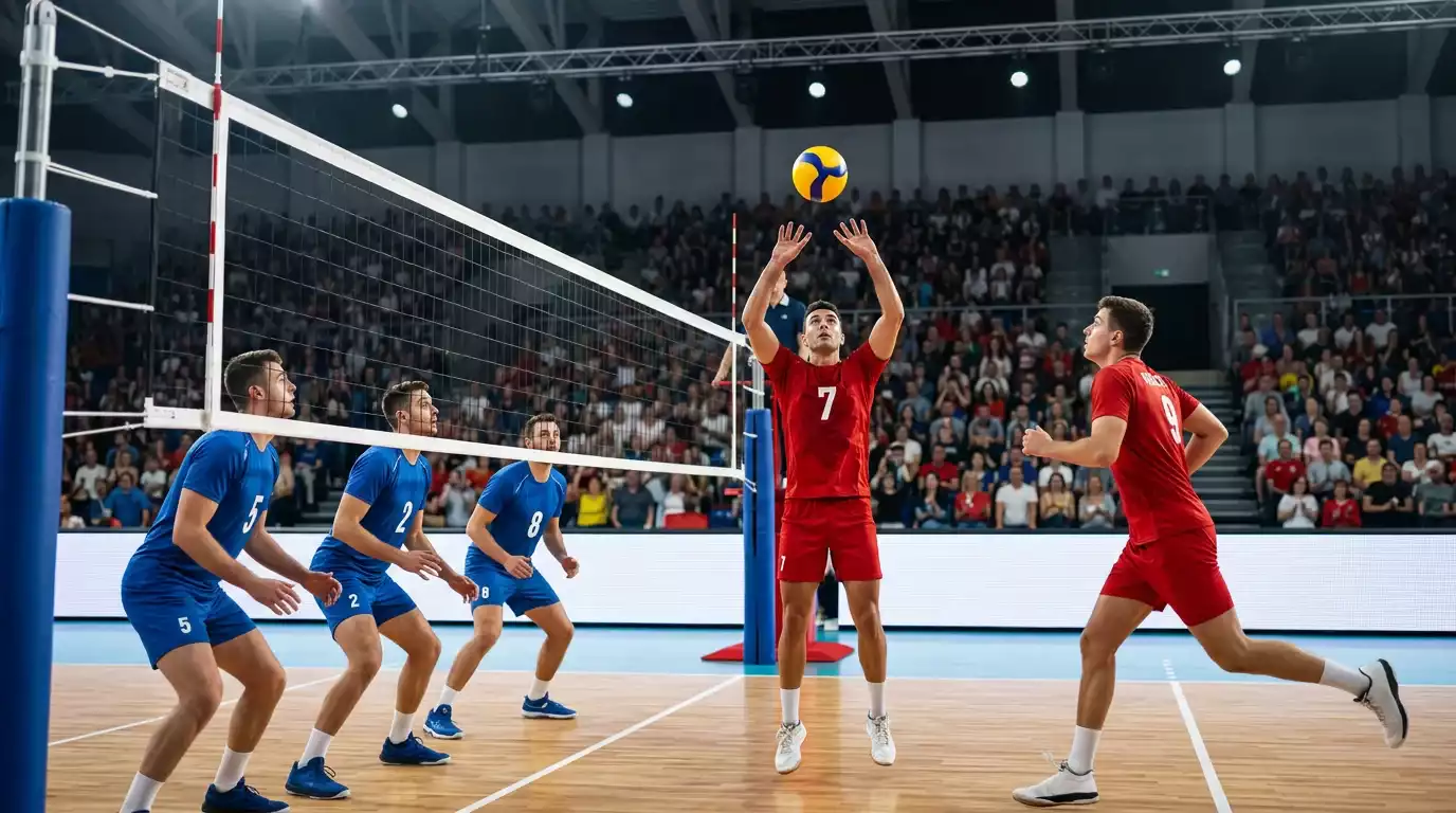 Internationale Volleyball-Mannschaft im Angriffsaufbau in einer Arena