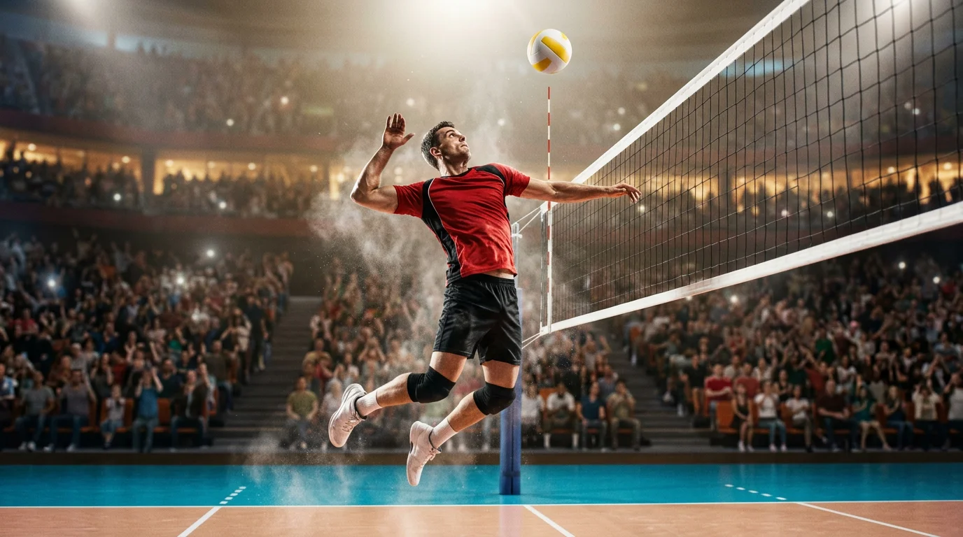 Volleyball-Spieler springt zum Schmetterschlag über dem Netz in einer ausverkauften Arena