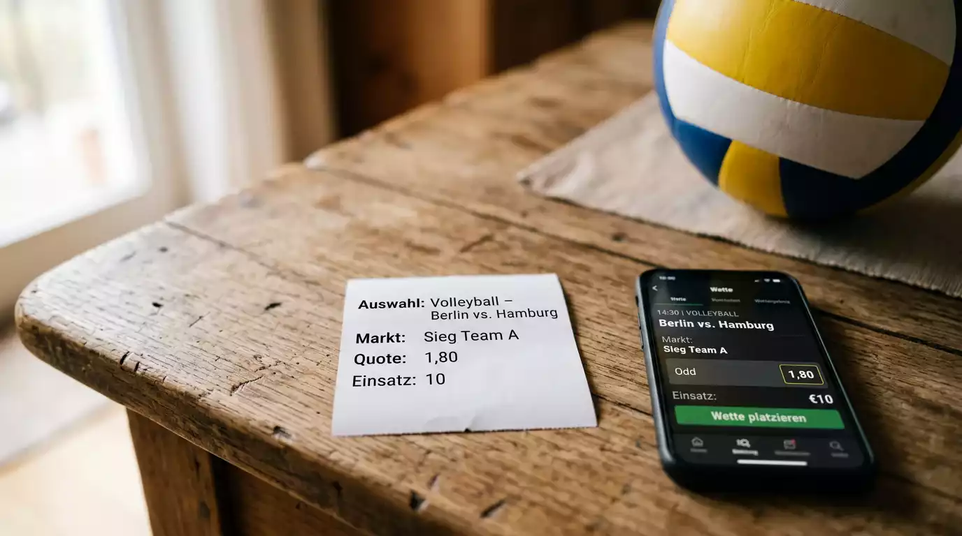 Wettschein mit erster Volleyball-Wette und Smartphone auf Holztisch