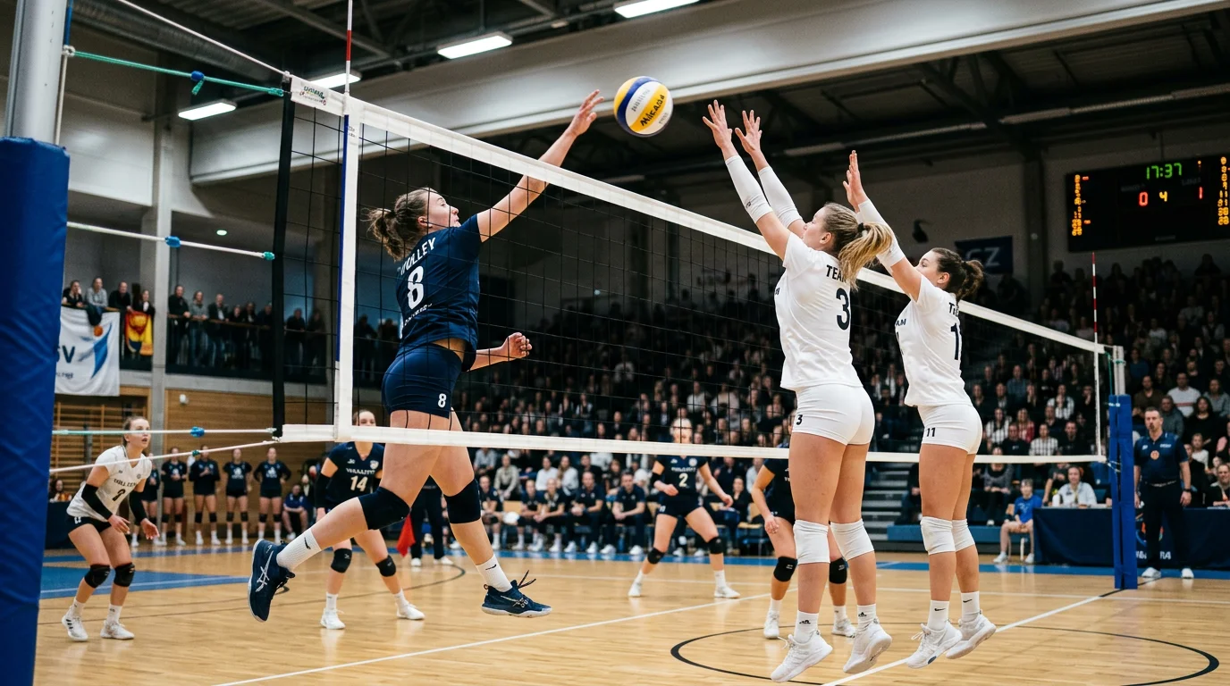 Volleyball-Angriffsszene mit Blockspielerinnen am Netz in einer Hallenarena