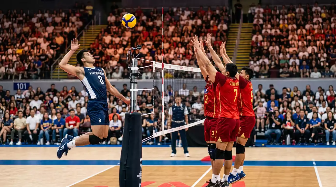 Männliches Volleyball-Nationalteam im Angriff während eines WM-Finalmatches
