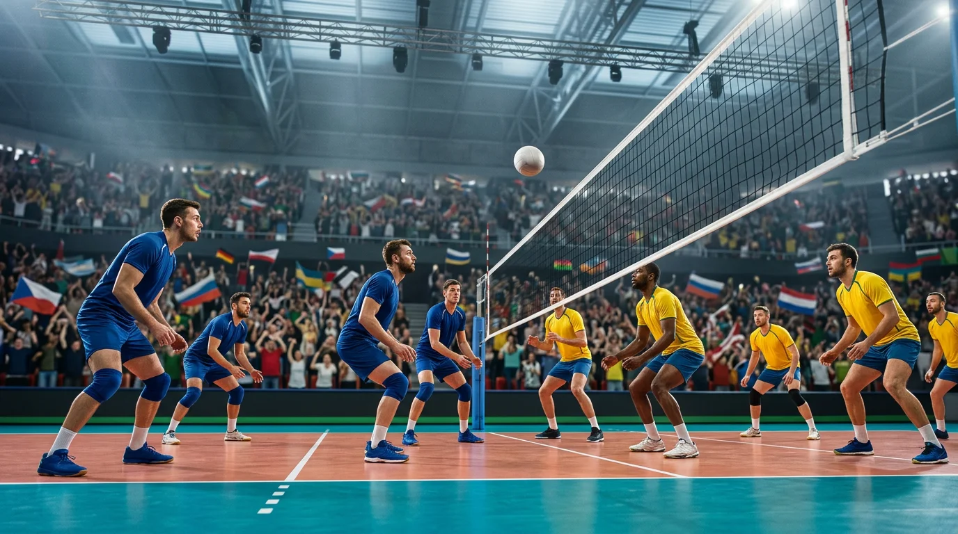 Internationales Volleyballturnier mit zwei Nationalmannschaften an der Mittellinie und großem Publikum