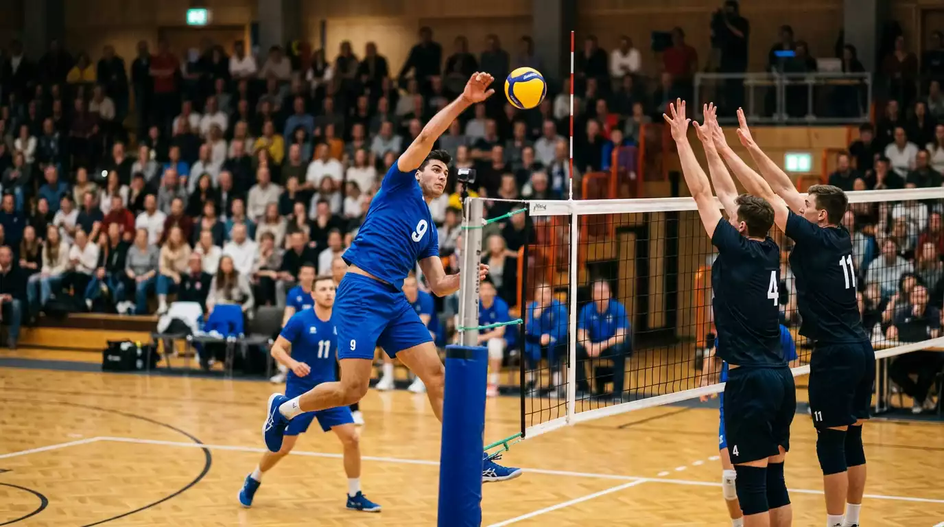 Volleyball-Angriffsschlag über dem Netz in einer Indoor-Halle